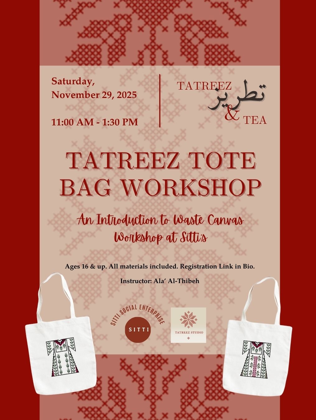 Tatreez Tote Bag Workshop - November 29 from 11:00 - 1:30 PM (Mississauga)